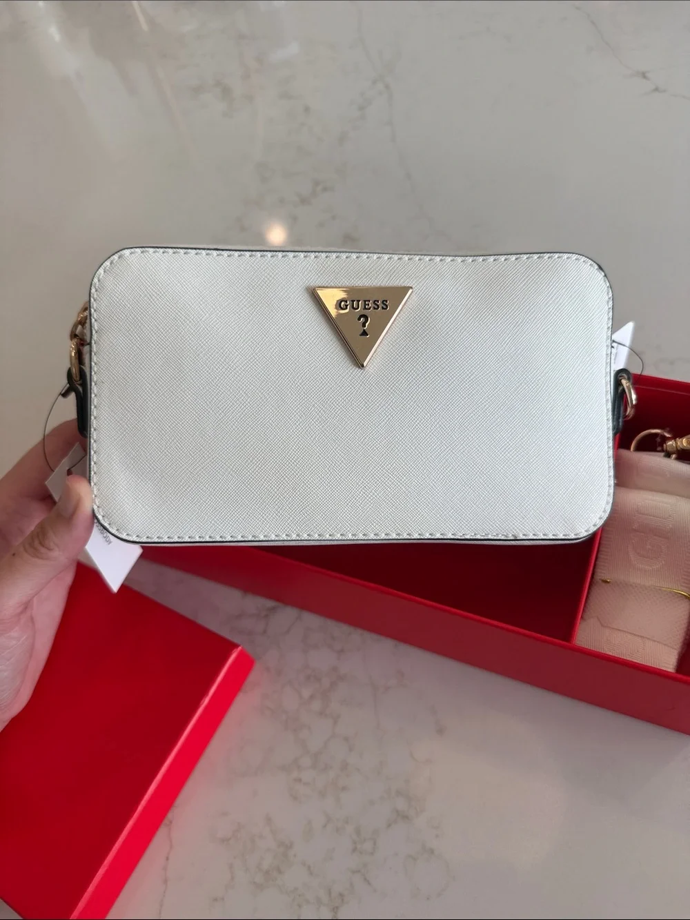 Guess White La Rosa Mini Crossbody with Gold Logo and White Strap